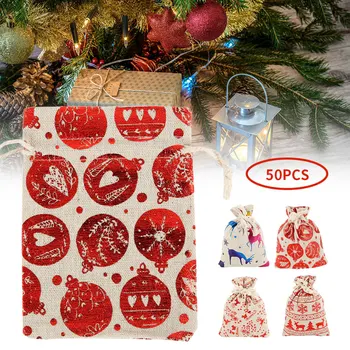 

50Pcs Drawstring Christmas Gift Bags Pouch Resuable Natural Candy Xmas Stocking Bag 2021 Merry Christmas Gift Bag Santa Sacks