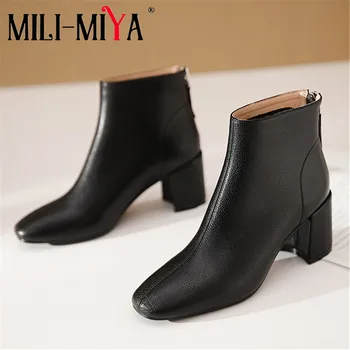 

MILI-MIYA Top Quality Fashion Ankle Boots Black Color Spring Autumn Thick Heel Square Toe Zipper Ladies Party Shoes Handmade