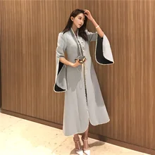 Осень-зима, высокое качество, ультра длинная шерстяная куртка с бисером, модное шерстяное пальто с расклешенными рукавами и жемчужинами