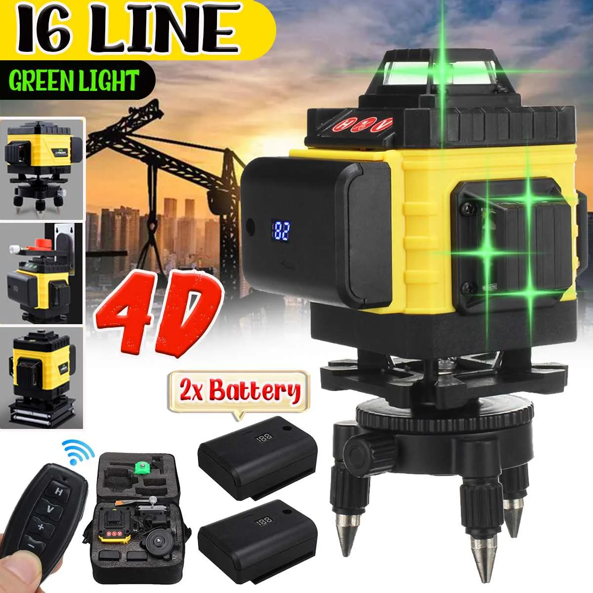 

16 Lines 4D Laser Level Level Self-Leveling 360 Horizontal And Vertical Cross Super Powerful Green Laser Level With 2 Battery