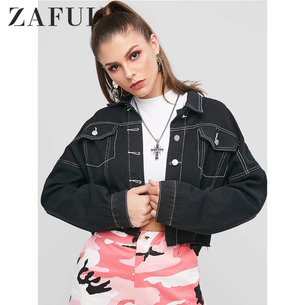 

ZAFUL Contrast Stitching Cropped Denim Jacket Women Oversized Fashion Turn-down Collar Cool Jackets Button Coats Streetwear 2019