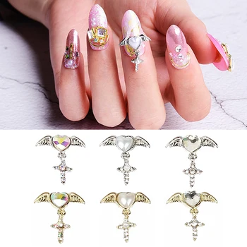 

10 Pcs/lot Gold Heart Wing Pendant Design Diy Studs For Charms Strass Nails Art Alloy Metal AB Rhinestones 3D Decor Nail Art
