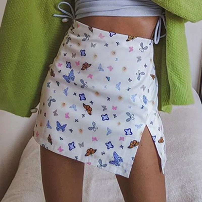 

Hot Butterfly Printed Mini Skirt New Womens Irregular Split Skirt Summert Sexy Bottoms Fashion Casual Street Short Skirt A Line