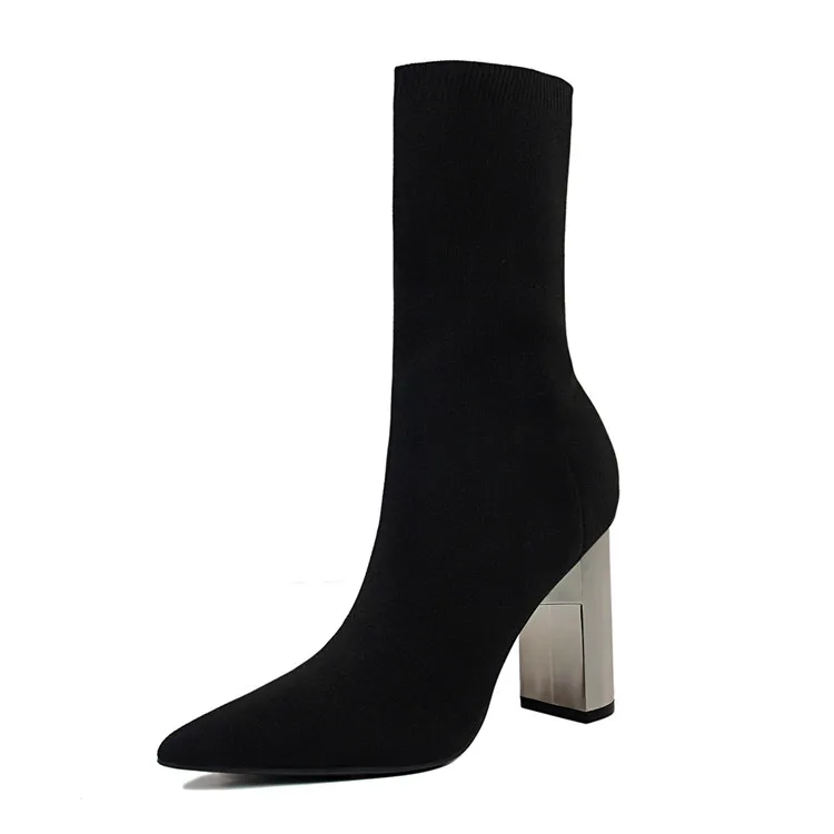 Eilyken/; женские Фетиш-сапоги с эластичными носками; металлический блочный высокий каблук 9,5 см; короткие ботильоны; обувь для стриптиза на массивном каблуке