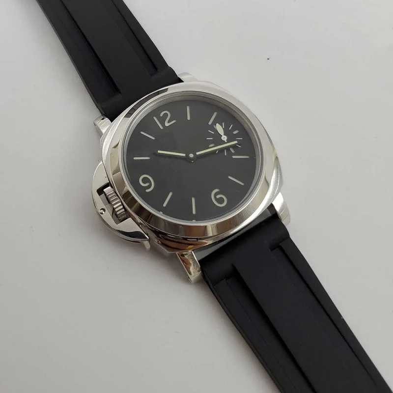 

44mm men watch left handed manual military watch seagull movement 6497 winding brushed steel case leather strap
