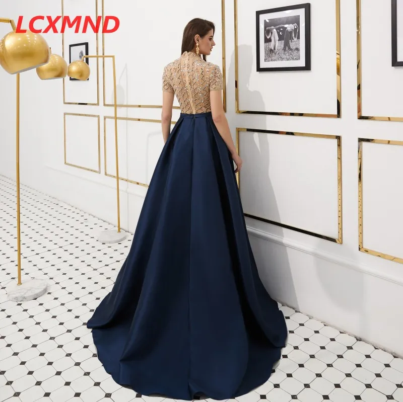High Neck Short Sleeve Prom Dresses Sweep Train Satin A Line Formal Party Prom Gown for Women New Evening Dress Plus Size