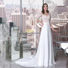 

Elegant Scoop Wedding Dress 2022 Appliques Three Quarter Lace Sleeves Sashes Court Train Chiffon Illusion Robe De Mariée A-Line
