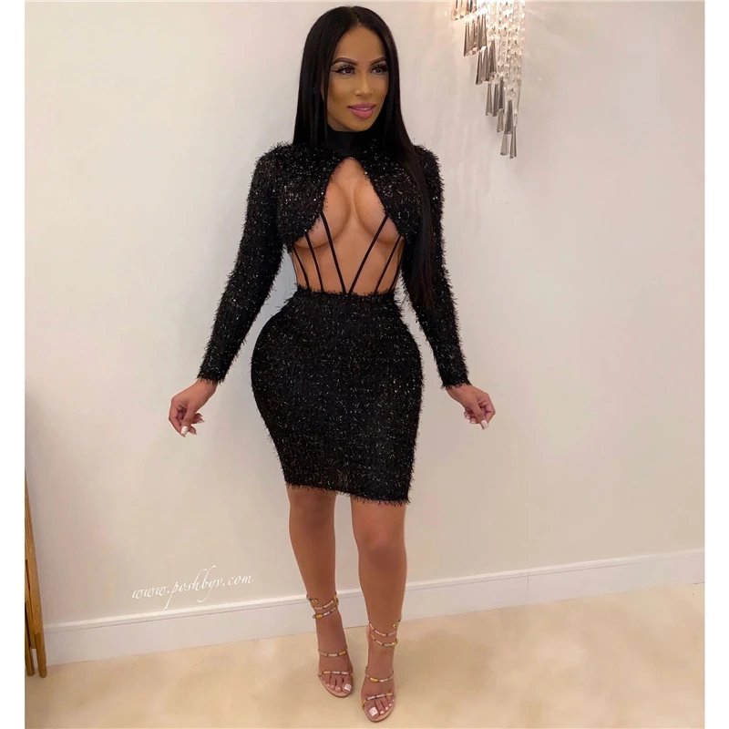 Adogirl Fur Sequins Women Sexy Dress Hollow Out Turtleneck Long Sleeve Bodycon Mini Party Dress Female Night Club Vestidos - Color: black dress