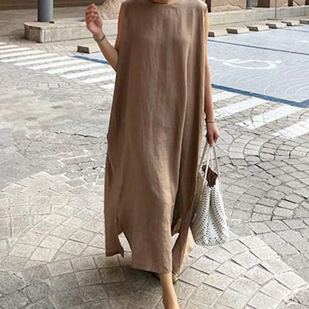 Корейское шикарное удобное платье большого размера женское летнее бежевое