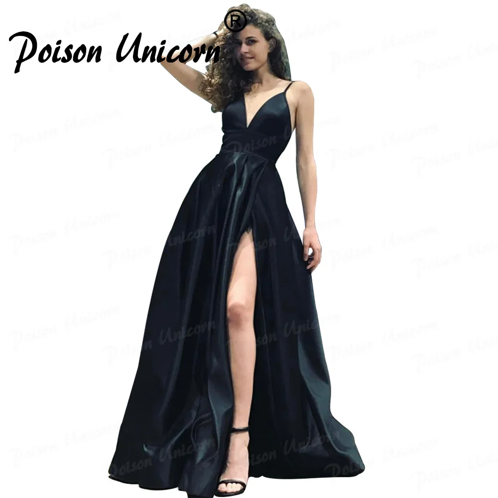 

Black Prom Dresses Deep V-Neck A-Line Evening Dress Spaghetti Straps High Splits Backless Long Satin Formal Prom Gown New