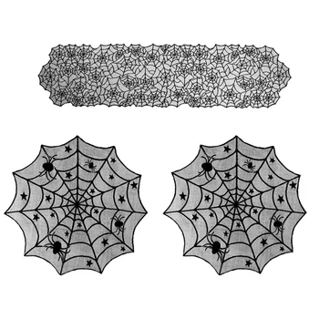 

Halloween Spider Fireplace Cloth Black Table Cover Table Runner Halloween Table Decoration Set (2Pcs 40inch Roundness + 1Pc 20