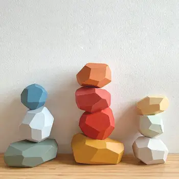 

Children's Wooden Colored Stone Building Block Educational Toy Creative Nordic Style Stacking Game Rainbow Wooden Toy Gift