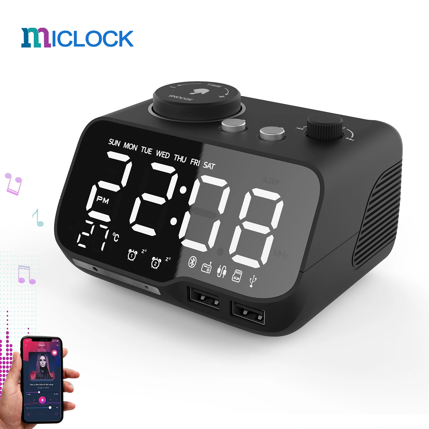MICLOCK【Upgraded】Alarm Clock with USB Charger LED Digital Alarm FM Radio Bluetooth Speaker Temperature Snooze | Дом и сад