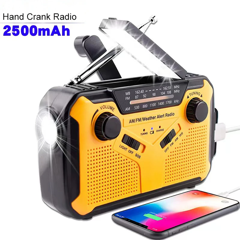 

Portable Radio FM AM WB SOS Emergency Solar Hand Crank Radio USB Radio Receiver with Flashlight LED Reading Light Power Bank