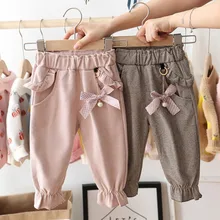 Г. Новые Осенние хлопковые однотонные штаны с принтом для маленьких девочек повседневные брюки с бантом одежда для малышей