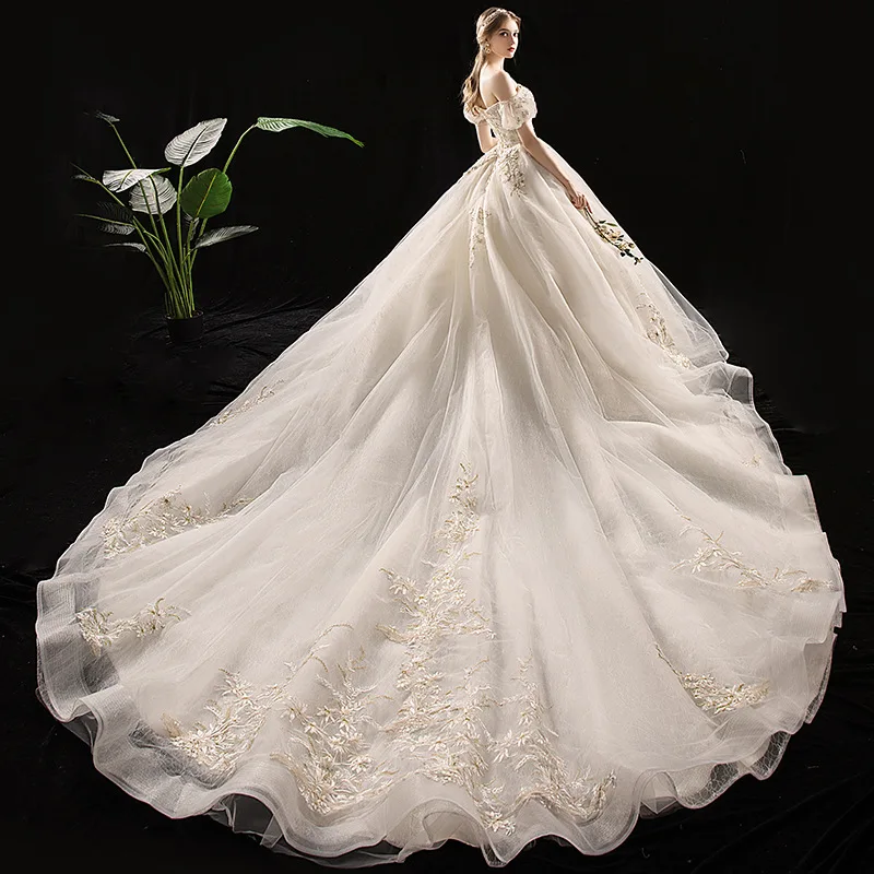 Vestidos De Novia бальное платье свадебное платье со шлейфом декольте Королевский поезд Плюс Размер кружевные платья невесты