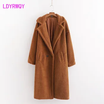

2019 autumn and winter Europe and the United States new women's wild thin solid color French lamb hair casual long coat jacket