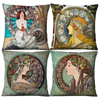 

Classical Mucha Gallery Beauty Linen Decorative Throw Green Pillows Case Set Decor Home Cartoon Cushion Covers for Sofa Car