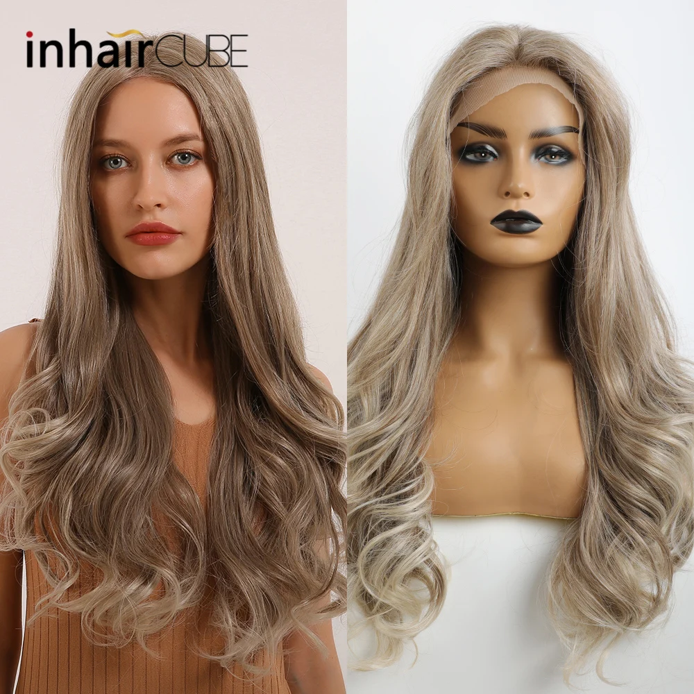 Inhaircube Invisible Lace Front Wigs Synthetic Hair For Women With Hairline Ombre Brown Grey Long Curly Wig Mixed Color | Шиньоны и