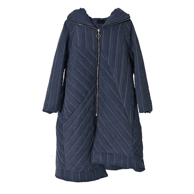 [EAM] ассиметричное пальто с капюшоном большого размера с хлопковой подкладкой, с длинным рукавом, свободный крой, женские парки, модная новинка, Осень-зима, 1H2540 - Цвет: Blue