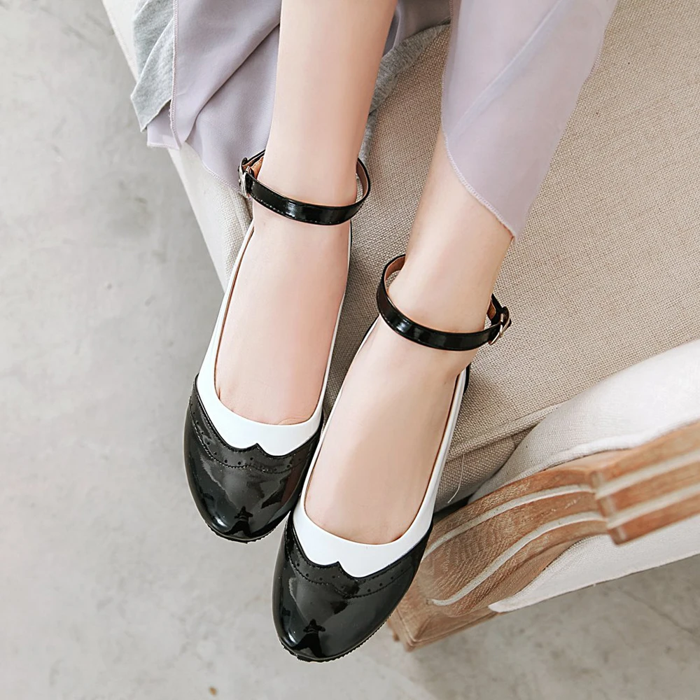 

COOLULU High Heels Women Pumps Patent Leather Square Heel Ankle Strap Shoes Buckle Mixed Colors Brogue Shoes Lady Spring Size 46