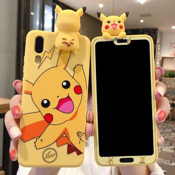 

For Huawei Nova 5 pro Cute 3D Pikachue Case +Tempered Glass Screen film for Huawei Nova 4 /Nova 3 P20 P30 pro/Mate 20 pro Cover