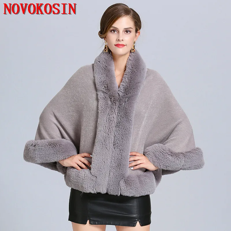

SC384 2019 Autumn Winter Women Faux Fox Fur Big Neck Poncho Knitted Black White Big Pendulum Shawl Faux Cashmere Cloak