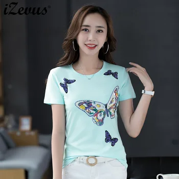 

IZEVUS 2020 summer new style slim cotton embroidery beaded butterfly women's short sleeve T-shirt