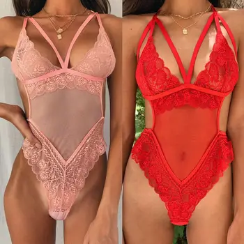 

hot sale lace bodysuit women backless transparent mesh sexy jumpsuit 2020 catsuit straps bodysuits thong pink red bodysuit