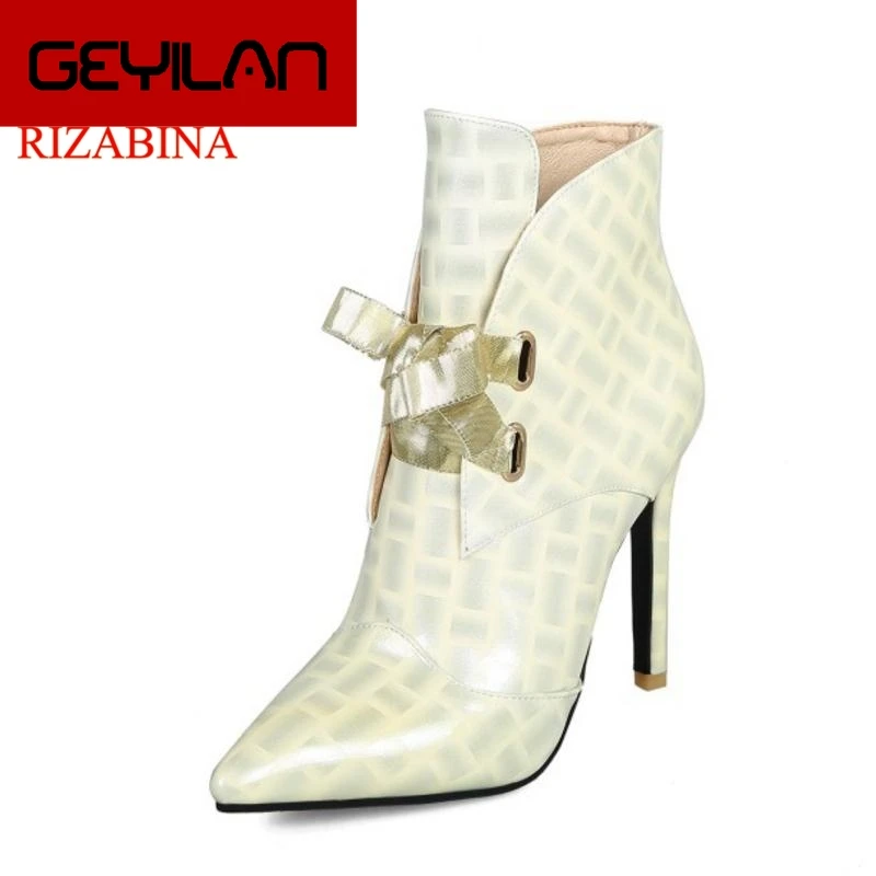 

Plus Size 32-47 Women High Heel Boots Lace Up Bowknot Patent Leather Warm Fur Shoes Women Winter Wedding Ankle Boots