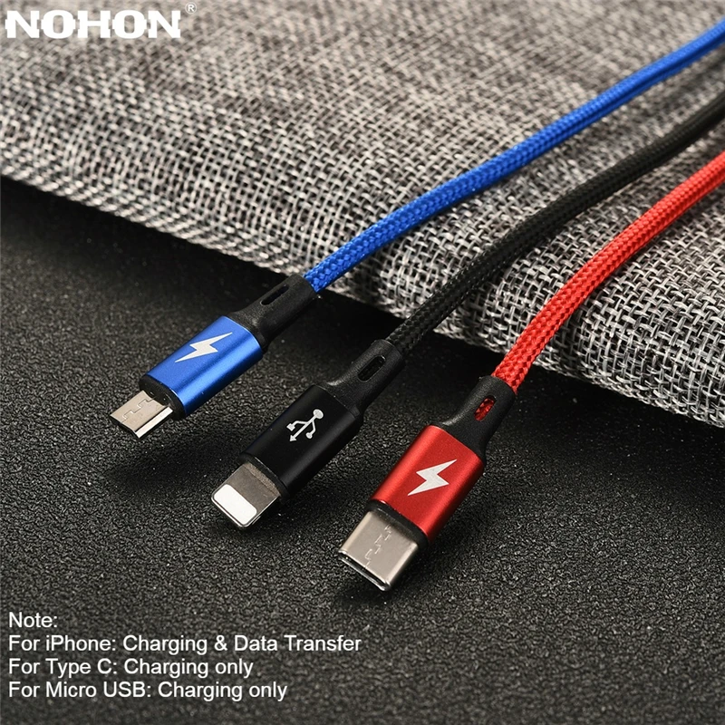 Nohon 3 в 1 USB кабель для iPhone 11 Pro Max type-C кабель для samsung S10 S9 Micro USB кабель для Xiaomi huawei LG зарядный шнур