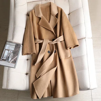 

2020 Autumn Winter Fashion Wool Coat Loose Casual Mid-Length Women Coats With Lace-up Chic Solid Color Ladies Clothes