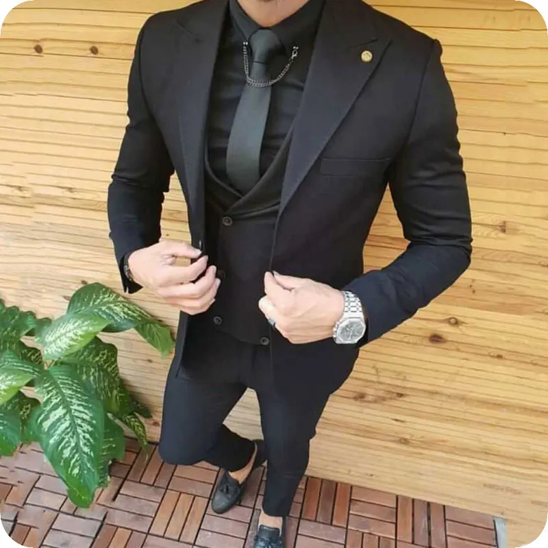 Italian Black Men Suits Slim Fit Wedding Tuxedos Groom Wear Peaked Lapel Groomsman Suits Costume Homme 3Pcs Jacket Pants Vest italian style wide peaked lapel dark blue men suits for wedding groom tuxedos classic groomsmen suit blazer man wear 3piece