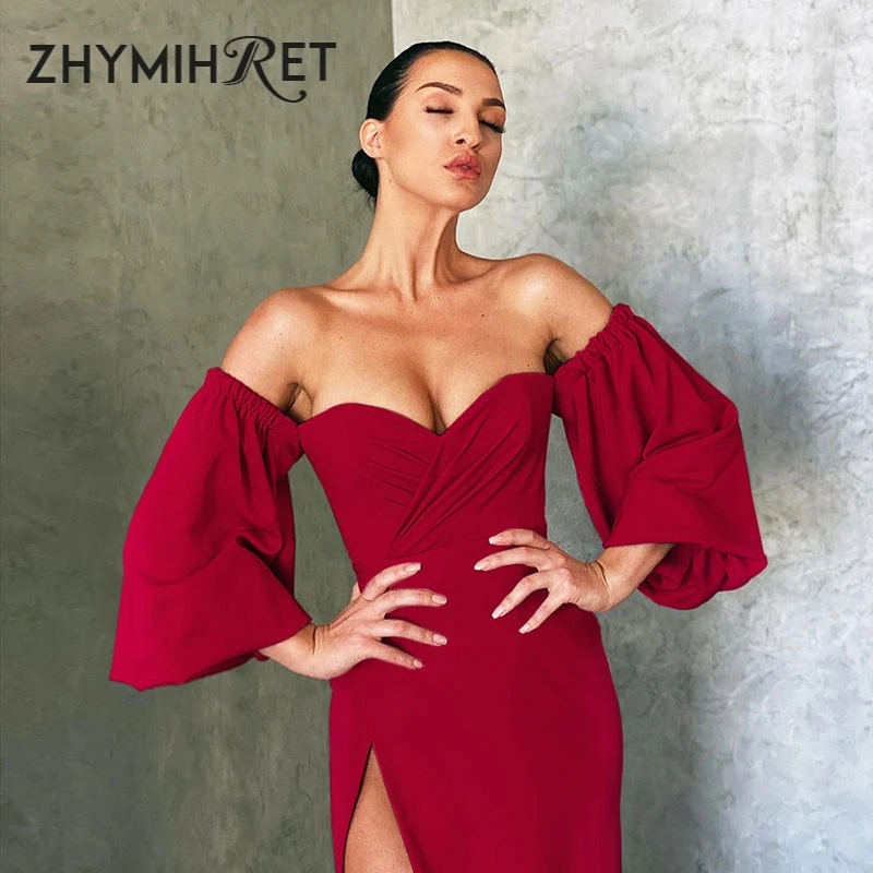 ZHYMIHRET красное Элегантное Длинное Платье с вырезом лодочкой женское боковое пикантное платье с разрезом с открытыми плечами рукав-фонарик Макси женское платье