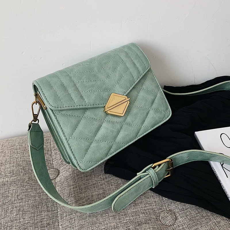 

Wide Shoulder Girl 2019 New Sewing Line Small Square Bag Individual Lock Button Pure Color Single Shoulder Slant Drawing