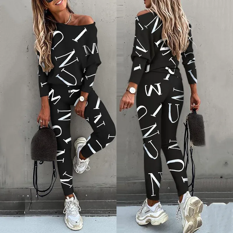 

Casual Sport Suit Print Long Sleeve Top Long Pants Two Piece Set Women Spring Autumn 2020 Tracksuits Women Ropa Mujer ододи