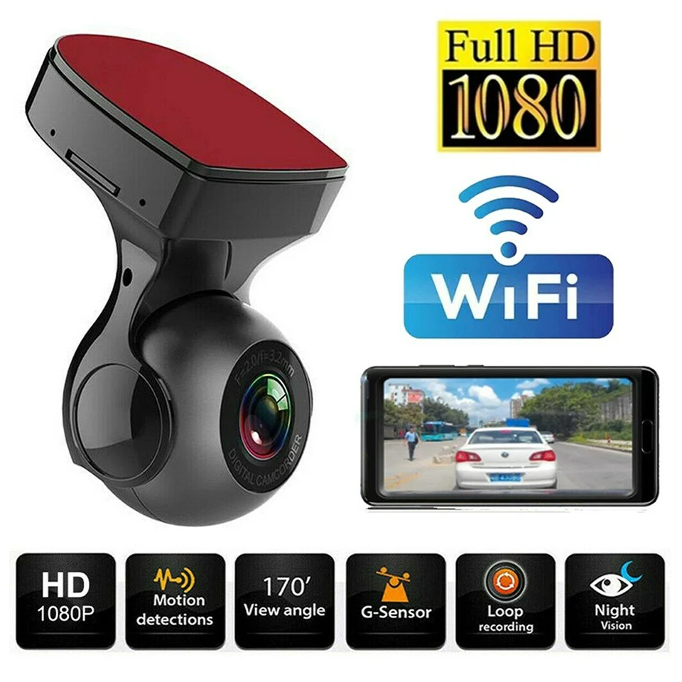 WiFi Car DVR Dash Camera HD 1080P 170 Degree Wide Angle 360° Rotation Mini Vehicle  Video Recorder APP Monitor Night Vision for IOS Android Phone 