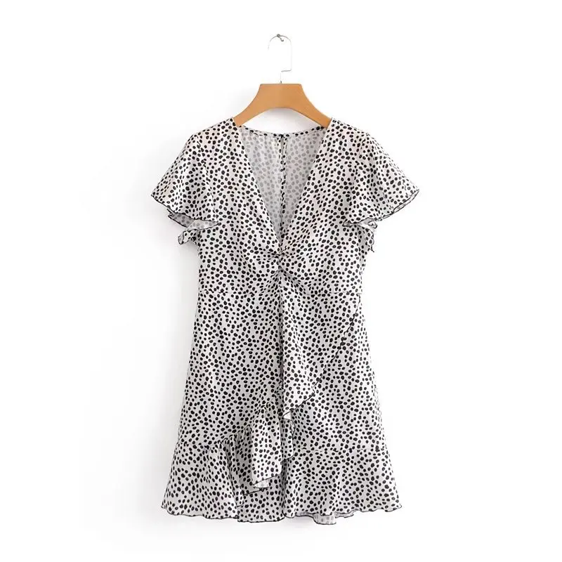 

2018 Spring And Summer Europe And America Women's Short Sleeve Shirt Dotted Print Flounced Dress 5089