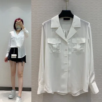 

2020 High Quality 100% Real Silk White Shirt Elegant Office Ladies Clothes Brand Name Silk Crepe De Chine Blouse Women