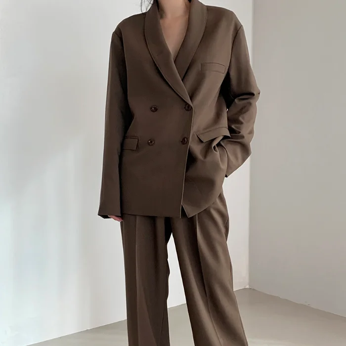 

Women Blazer Pant Suits two piece set Double-breasted Jacket High Waist Pants 2 Pieces-set Office Lady Style Work Suits JK504