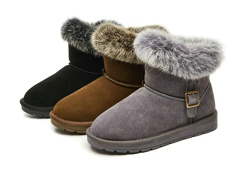 Ankle Genuine Leather Snow Boots Cow Suede Warm Fur Boots Women's Bucket Shoes Cowhide Flat Cotton Shoes