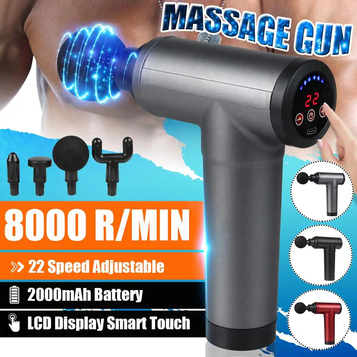 8000r/min Therapy Massage Gun 4/22 Gears Muscle Massager Pain Sport