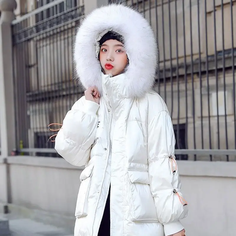 

Long Winter Down Jackets 90% White Duck Down Coats Parka For Womens Warm Glossy Down Parka Winter Big Fur Collar Hooded Jackets