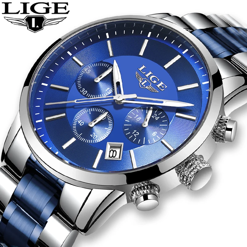 

2020 New LIGE Mens Watches Top Brand Luxury Men's Fashion All Steel Waterproof Analog Quartz Watch Men Silver Blue Sprot Clock