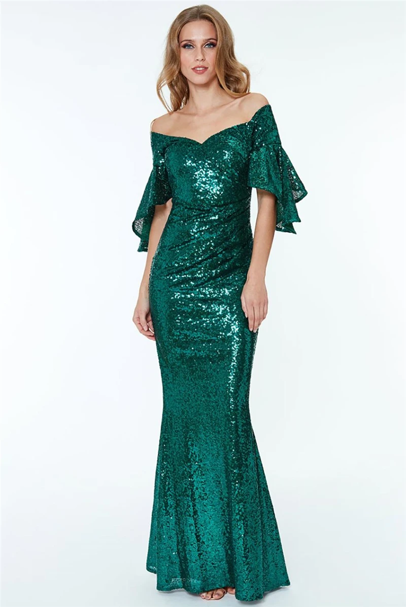 green dress Adogirl/рождественское зеленое платье с открытыми плечами, расшитое блестками, элегантное платье макси, милое платье с оборками и длинными рукавами, вечернее платье для банкета - Цвет: green dress