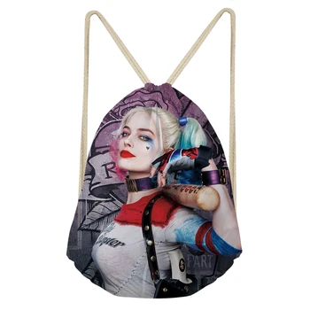 

THIKIN Polyester Drawstring Bags with Suicide Squad Print Fashion Shoulder Bag Red and Blue Double Ponytail Girl Pattern Pouch