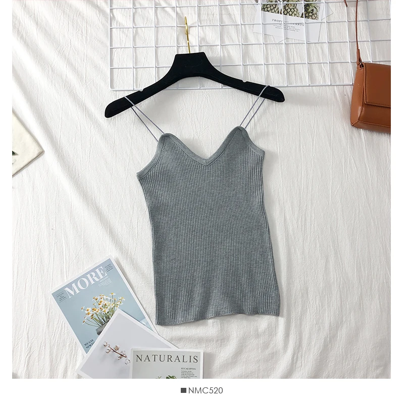 HELIAR Female Spaghetti Knitting Camisoles Sexy Solid Cotton Camisoles& tank women vest Summer Women V-Neck Crop Top Femme