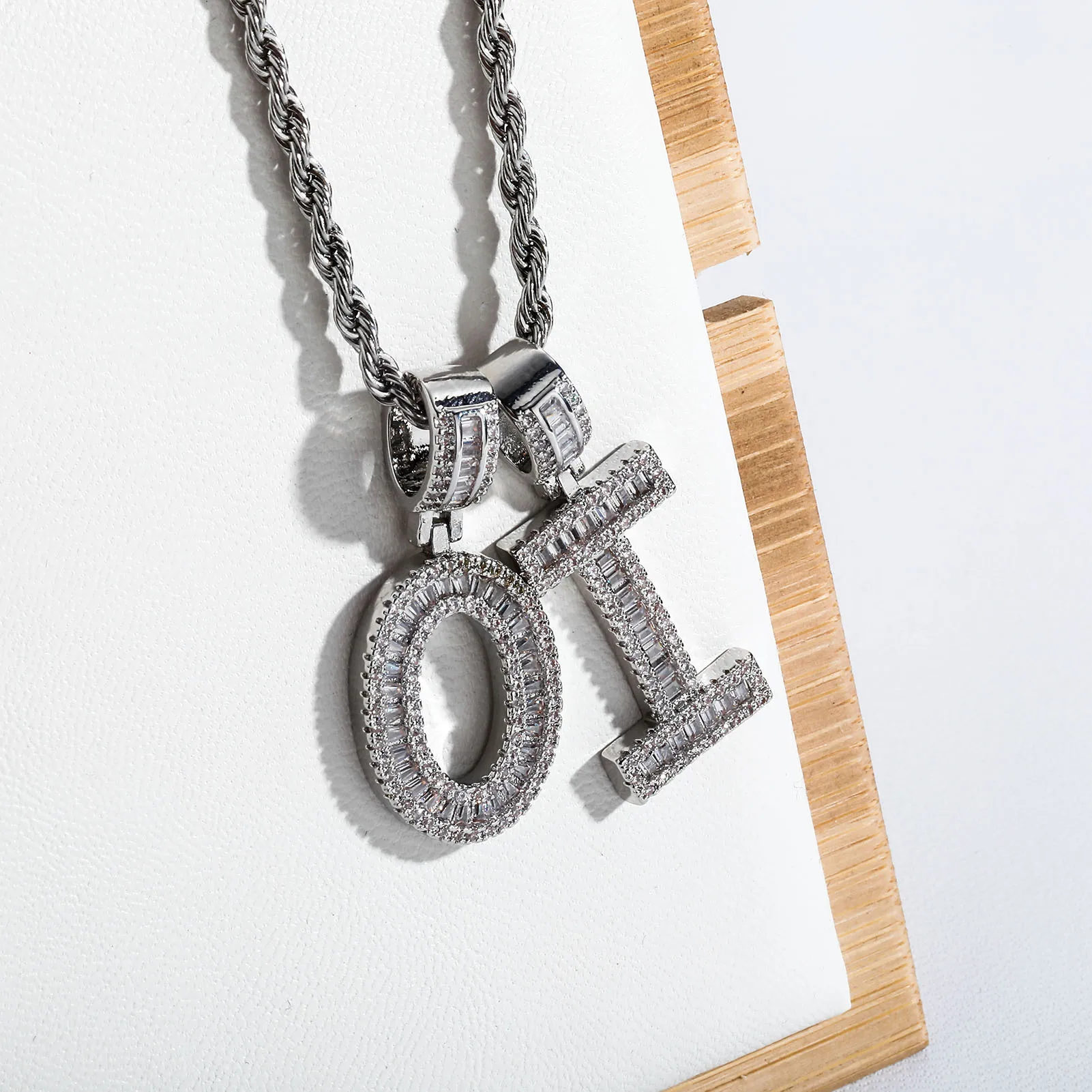 JINAO 2021 NEW Baguette Rectangular Zircon Letters Pendant High Quality Iced Out Charm AAA+CZ Necklace With 4mm Tennis Chain