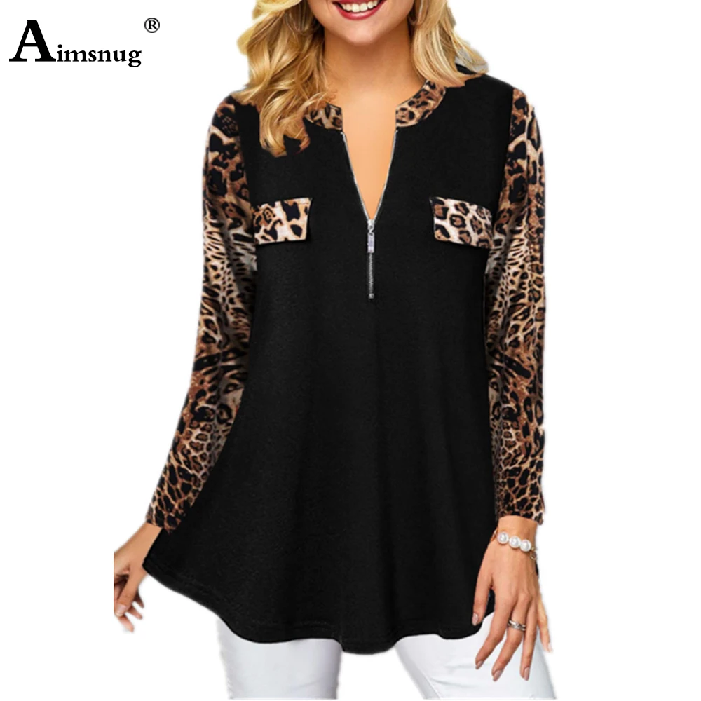 

2020 Spring Autumn Women Elegant Top Casual Loose Shirts Plus size Ladies New Pacthwork Zipper Leopard Print Tee Shirt Pullovers