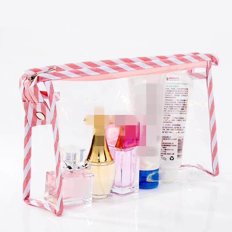 

PACGOTH New Fashion Transparent PVC Cosmetic Bag Striped Flower Pattern Makeup Bags With Zipper Waterproof Travel Beauty Case